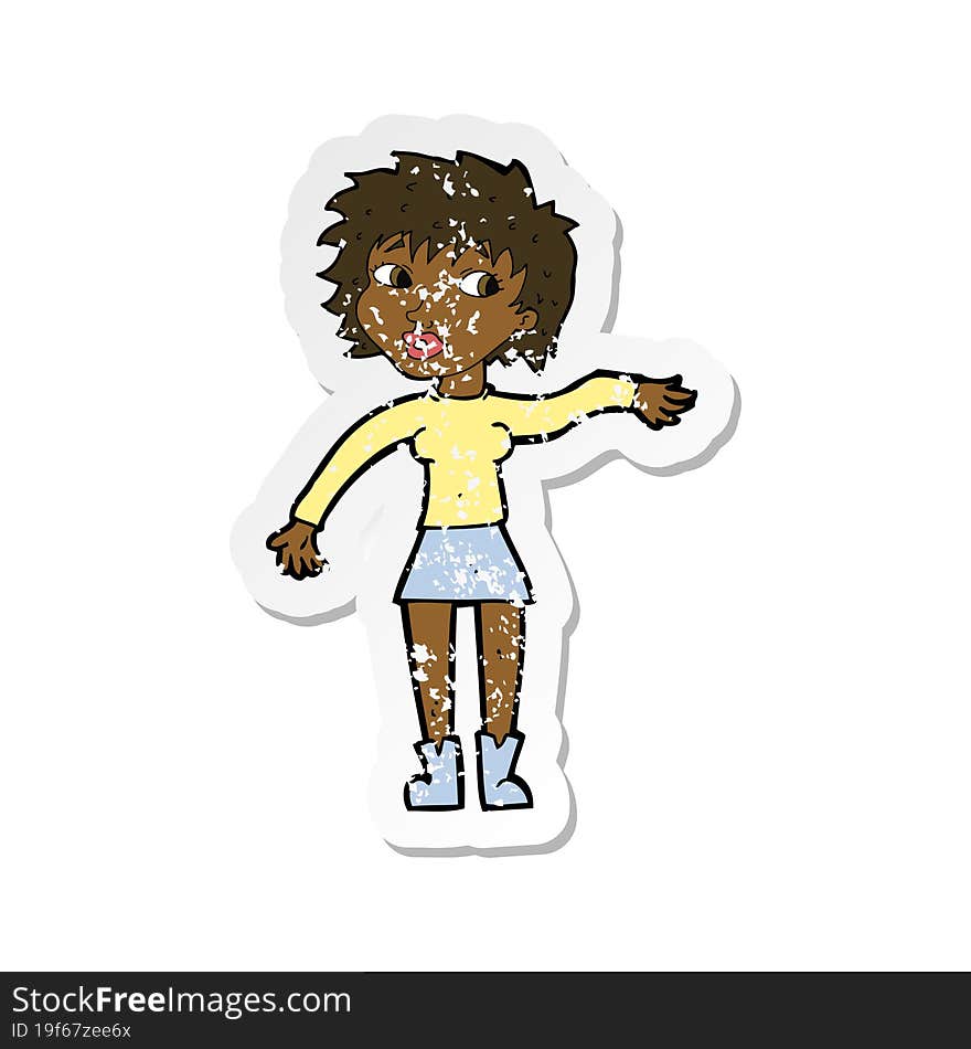 retro distressed sticker of a cartoon friendly woman waving