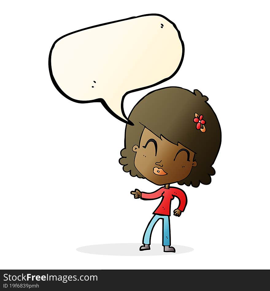 cartoon happy woman pointing with speech bubble