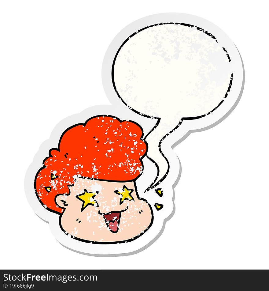 cartoon excited boy and speech bubble distressed sticker