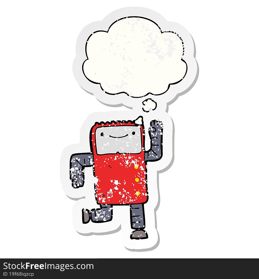 cartoon robot and thought bubble as a distressed worn sticker