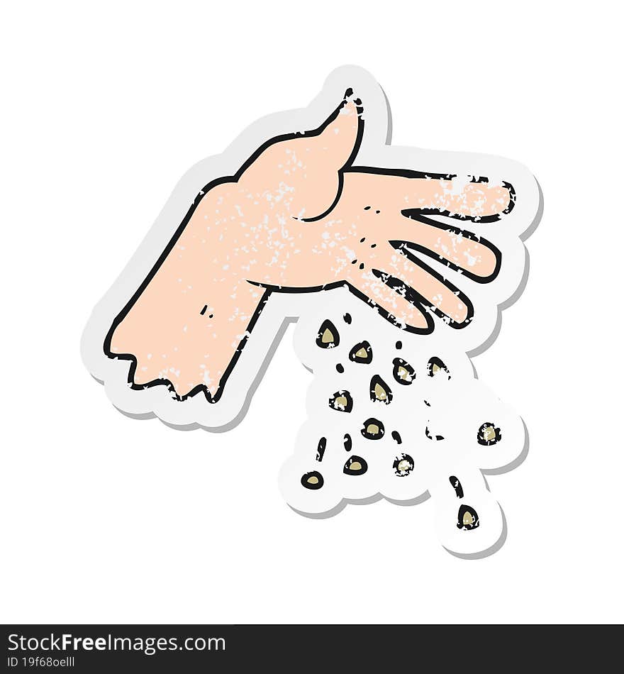 retro distressed sticker of a cartoon hand spreading seeds