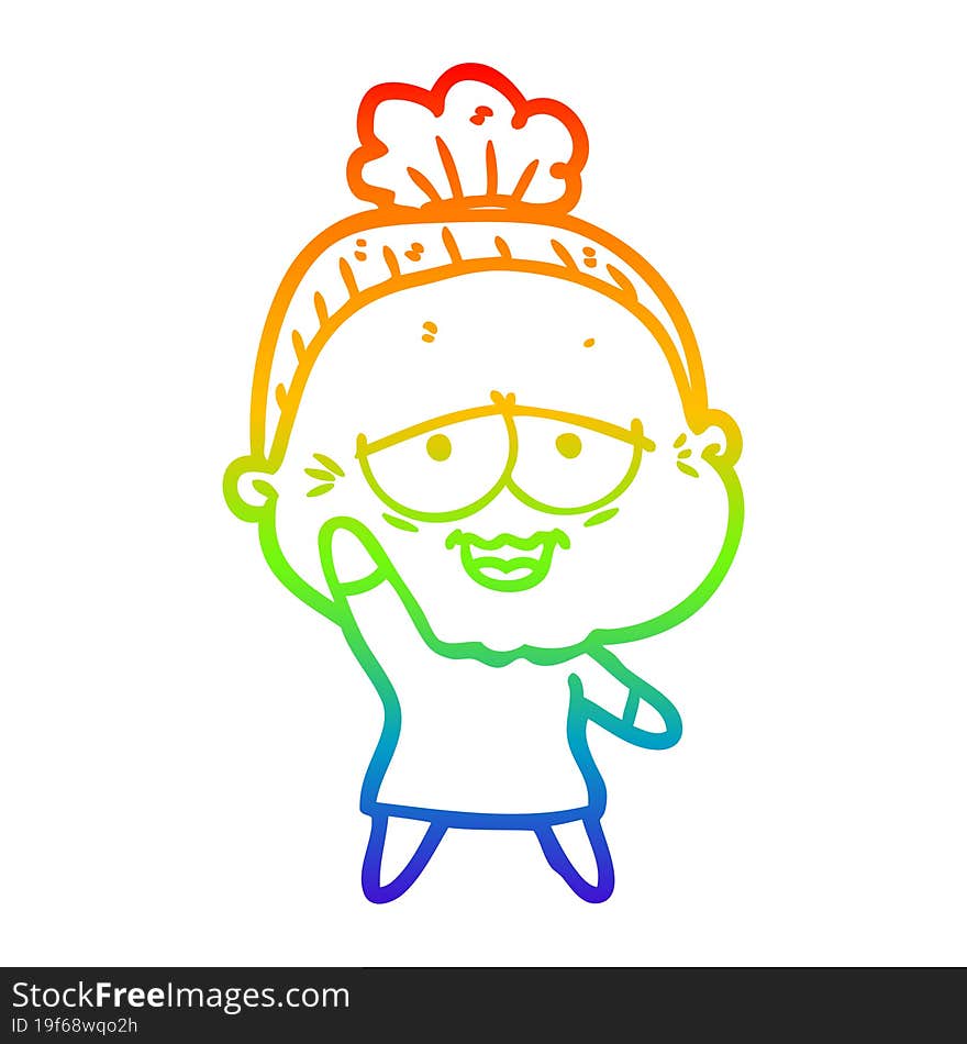 rainbow gradient line drawing of a cartoon happy old lady