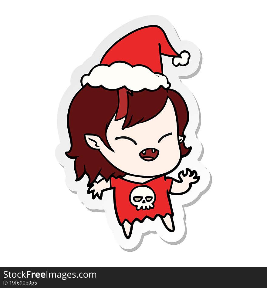 hand drawn sticker cartoon of a laughing vampire girl wearing santa hat