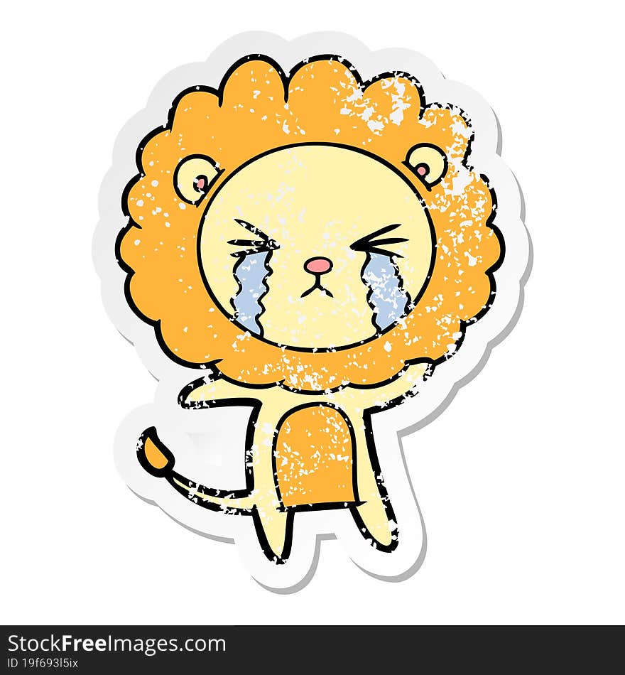 distressed sticker of a cartoon crying lion