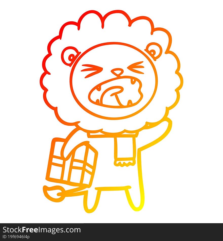 warm gradient line drawing cartoon lion with christmas present