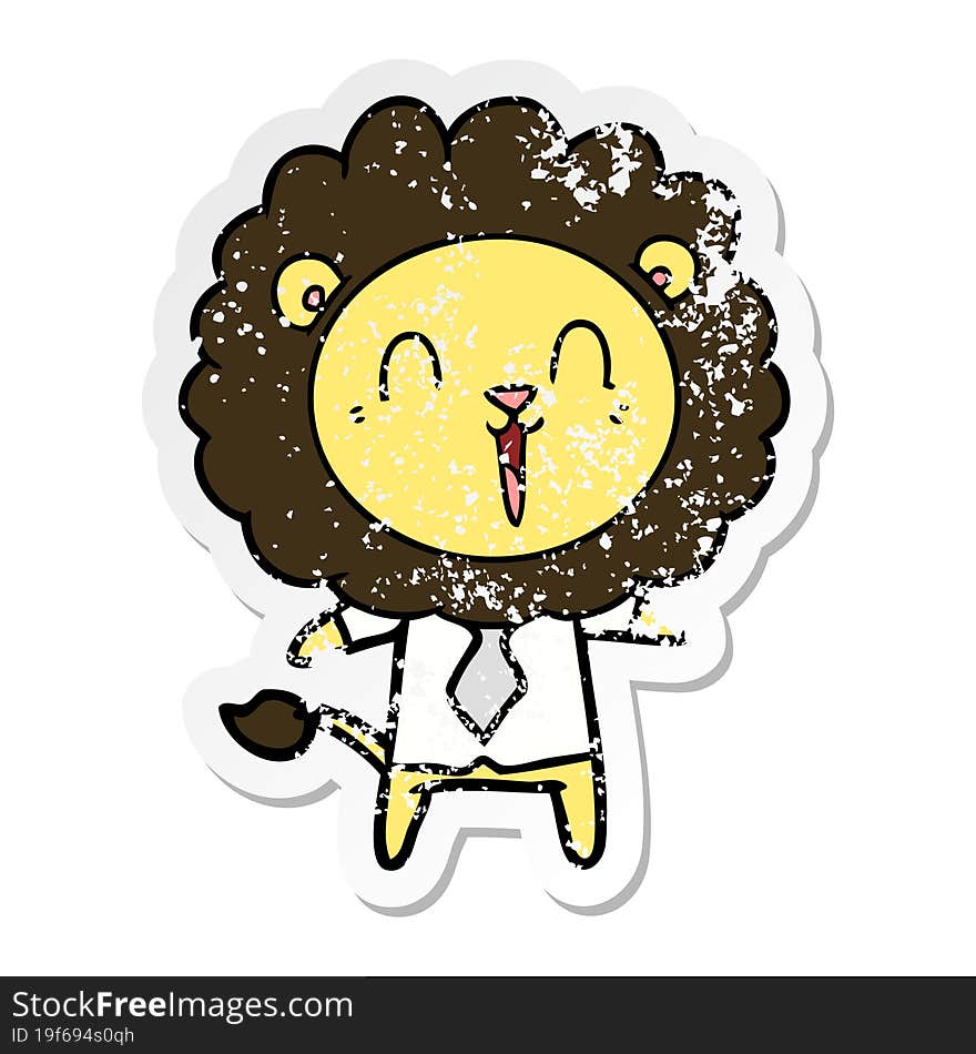 distressed sticker of a laughing lion cartoon