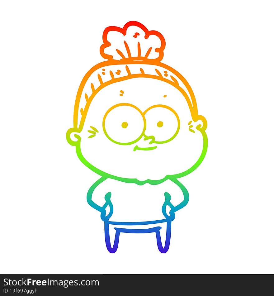 rainbow gradient line drawing of a cartoon happy old woman