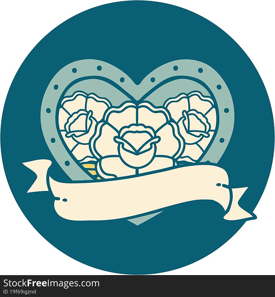 tattoo style icon of a heart and banner with flowers