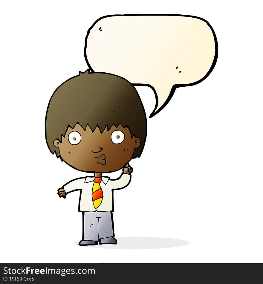 cartoon school boy answering question with speech bubble