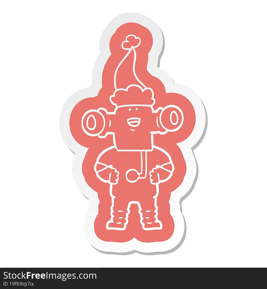 friendly quirky cartoon  sticker of a alien wearing santa hat