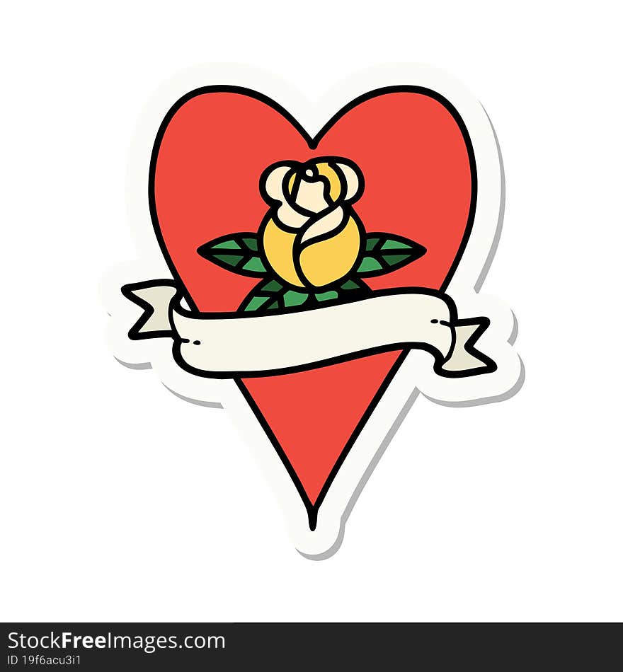 Tattoo Style Sticker Of A Heart Rose And Banner