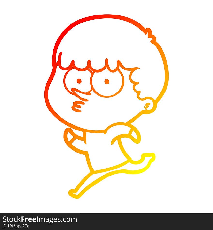 warm gradient line drawing of a cartoon curious boy running