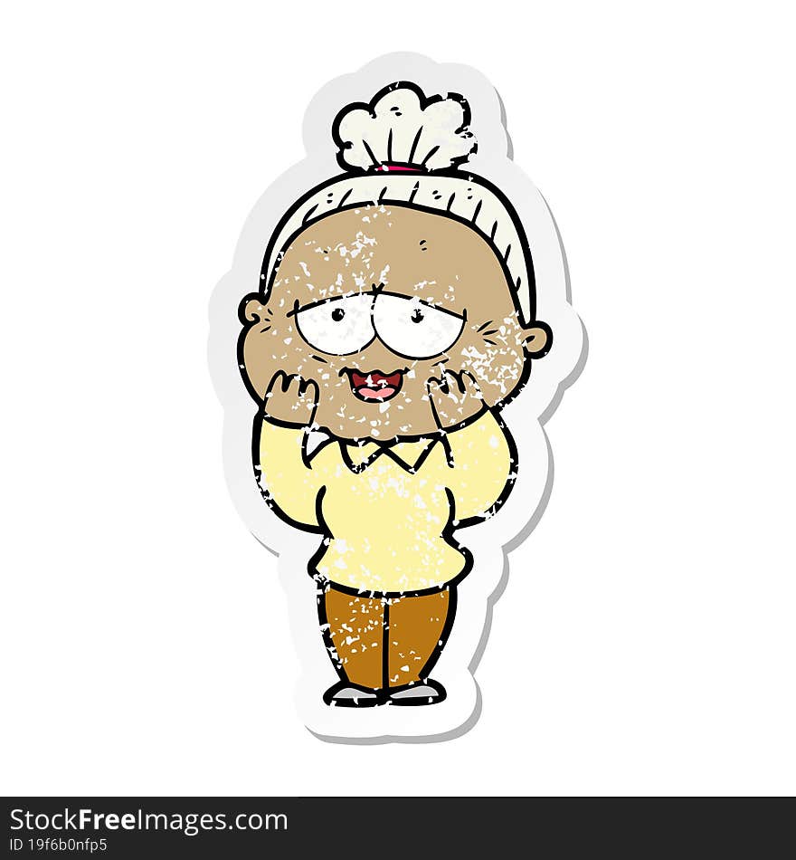 Distressed Sticker Of A Cartoon Happy Old Lady