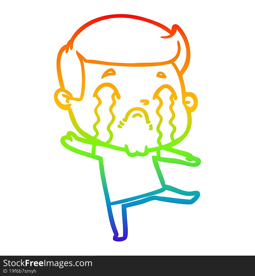 rainbow gradient line drawing of a cartoon man crying