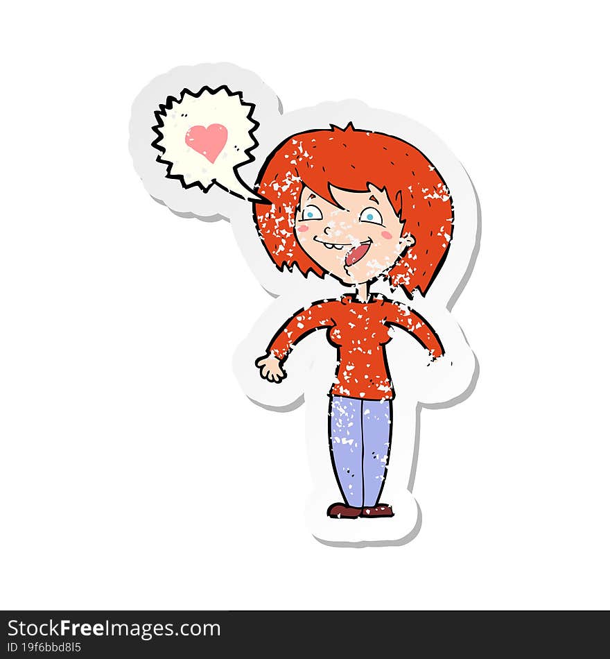 retro distressed sticker of a cartoon woman in love