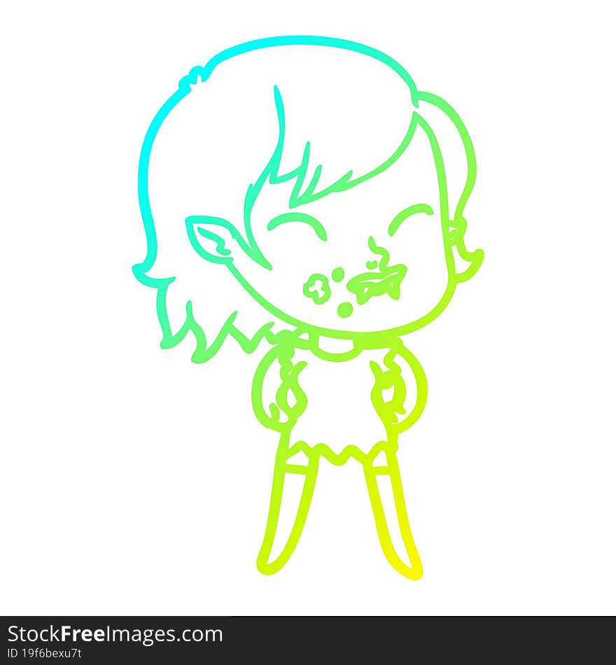 Cold Gradient Line Drawing Cartoon Vampire Girl With Blood On Cheek