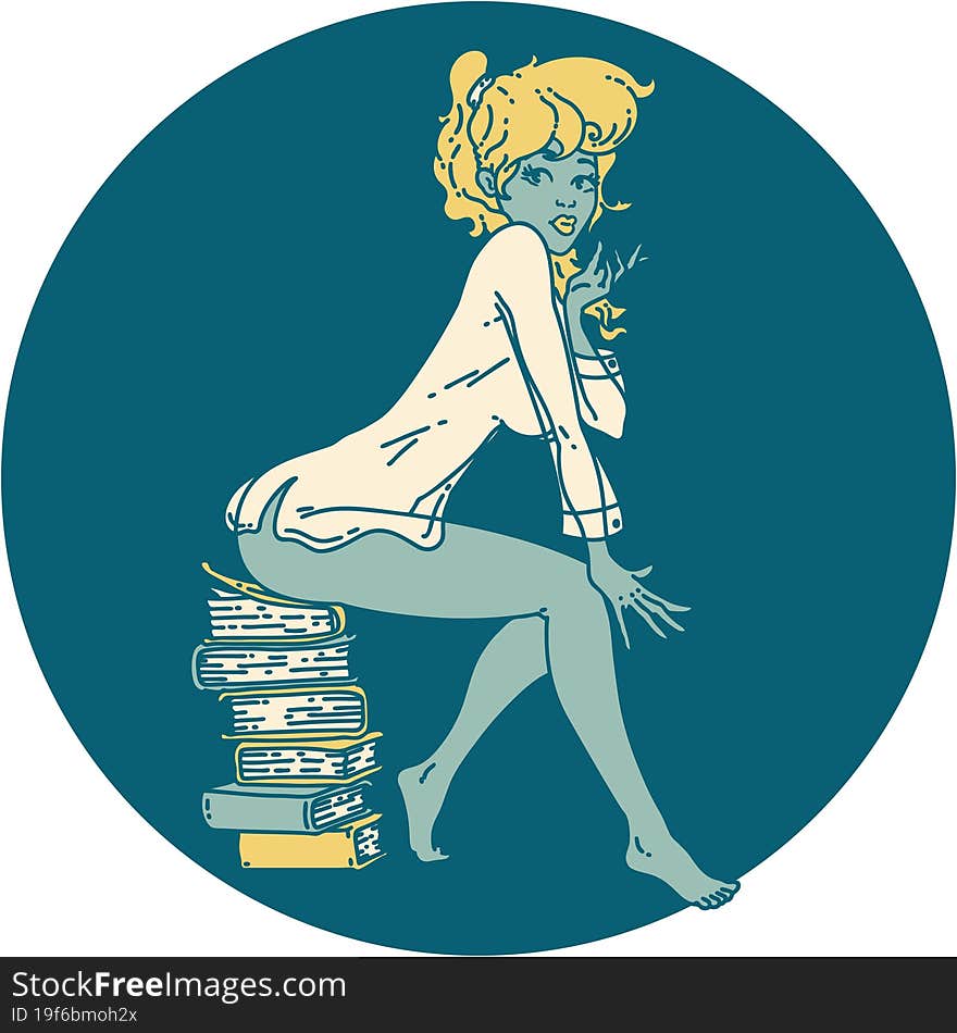 tattoo style icon of a pinup girl sitting on books