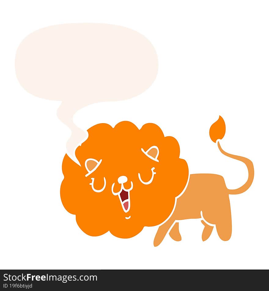 cute cartoon lion and speech bubble in retro style