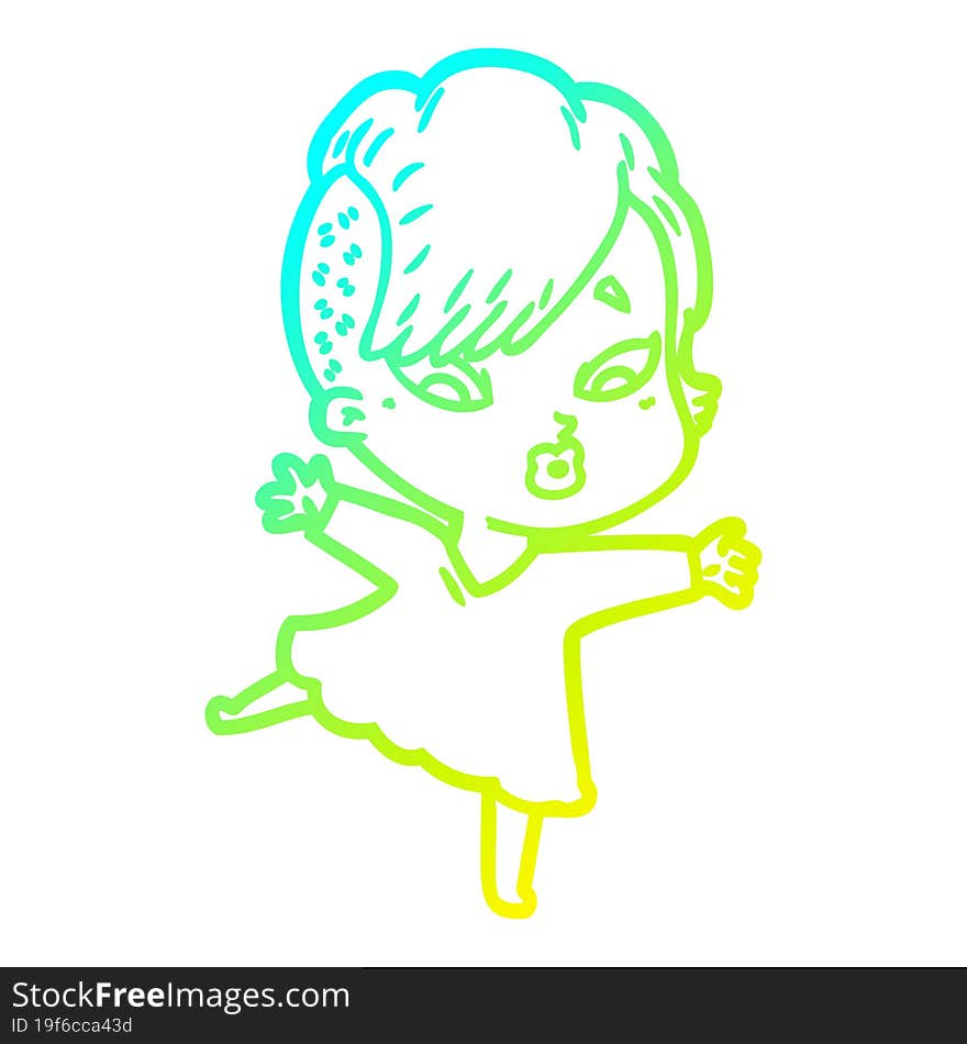 cold gradient line drawing of a cartoon surprised girl in black dress