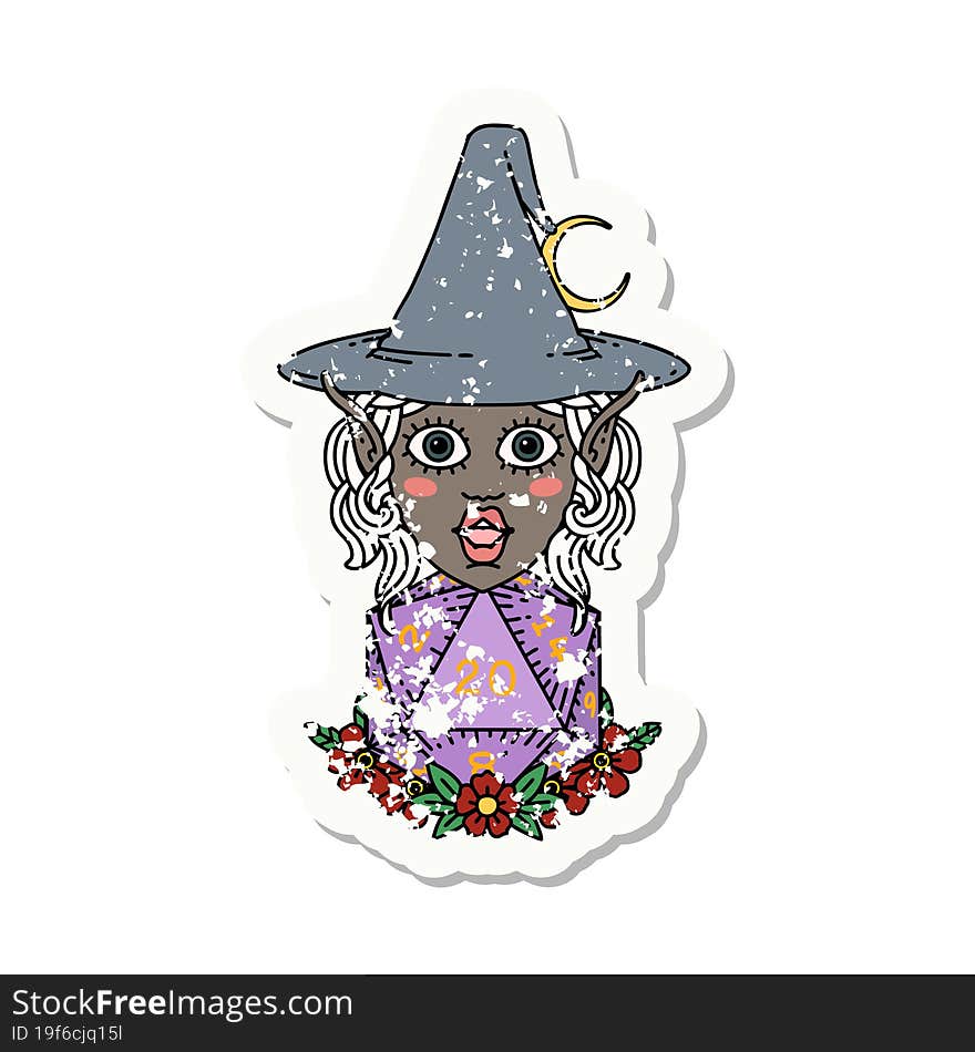 Retro Tattoo Style elf mage character with natural twenty dice roll. Retro Tattoo Style elf mage character with natural twenty dice roll