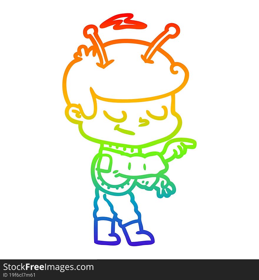 rainbow gradient line drawing friendly cartoon spaceman pointing