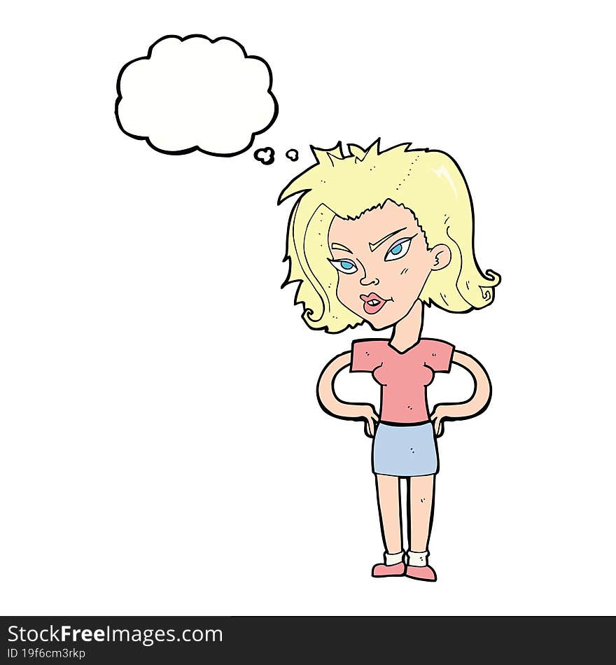 cartoon woman with hands on hips with thought bubble