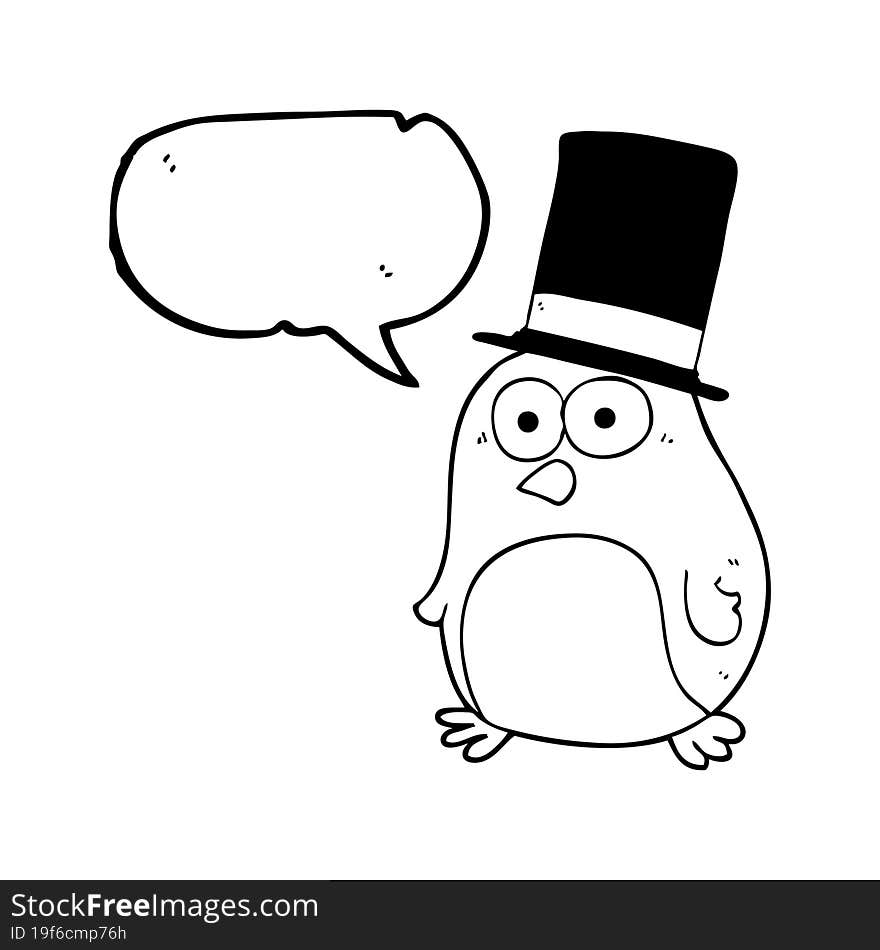 freehand drawn speech bubble cartoon bird wearing top hat