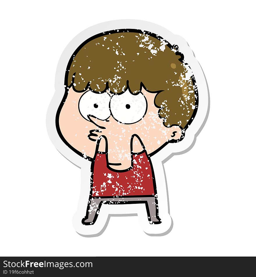 distressed sticker of a cartoon curious boy