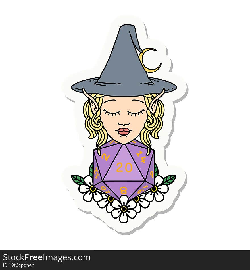 elf mage character with natural twenty dice roll sticker