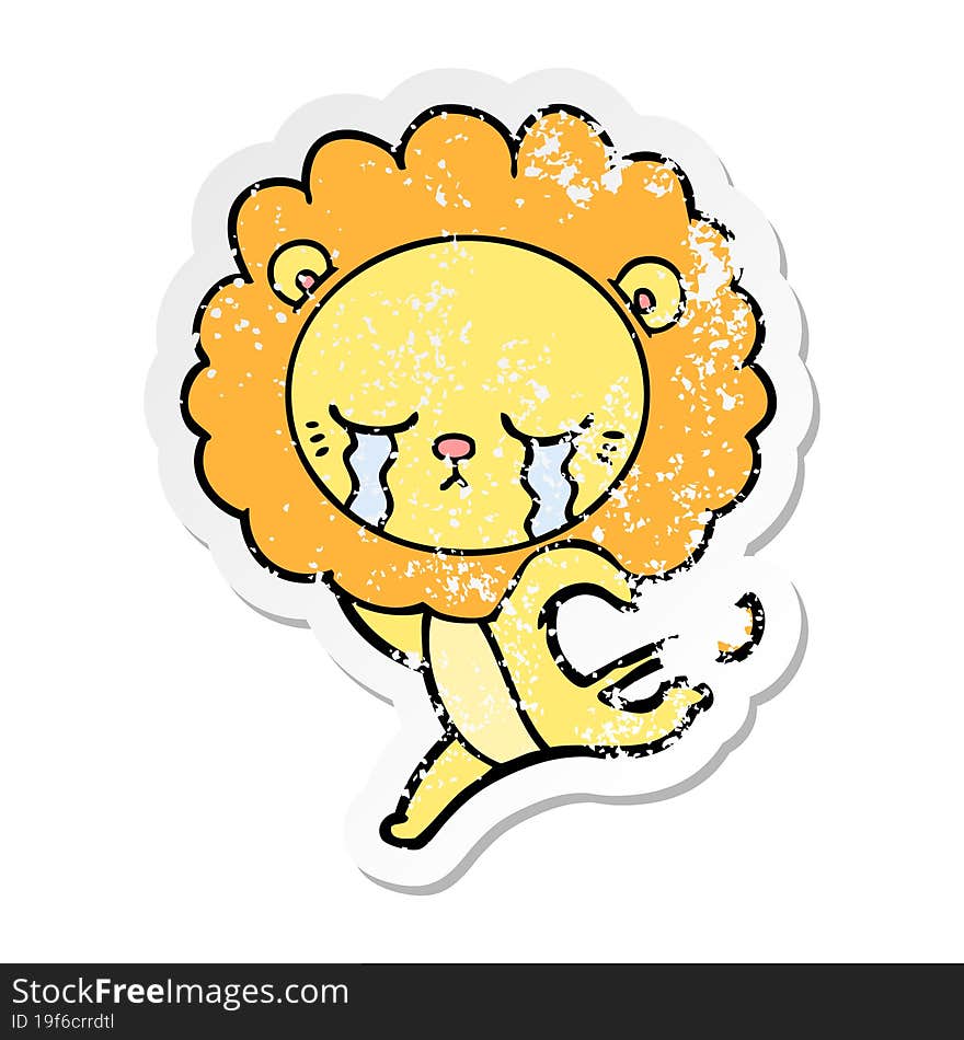 Distressed Sticker Of A Crying Cartoon Lion