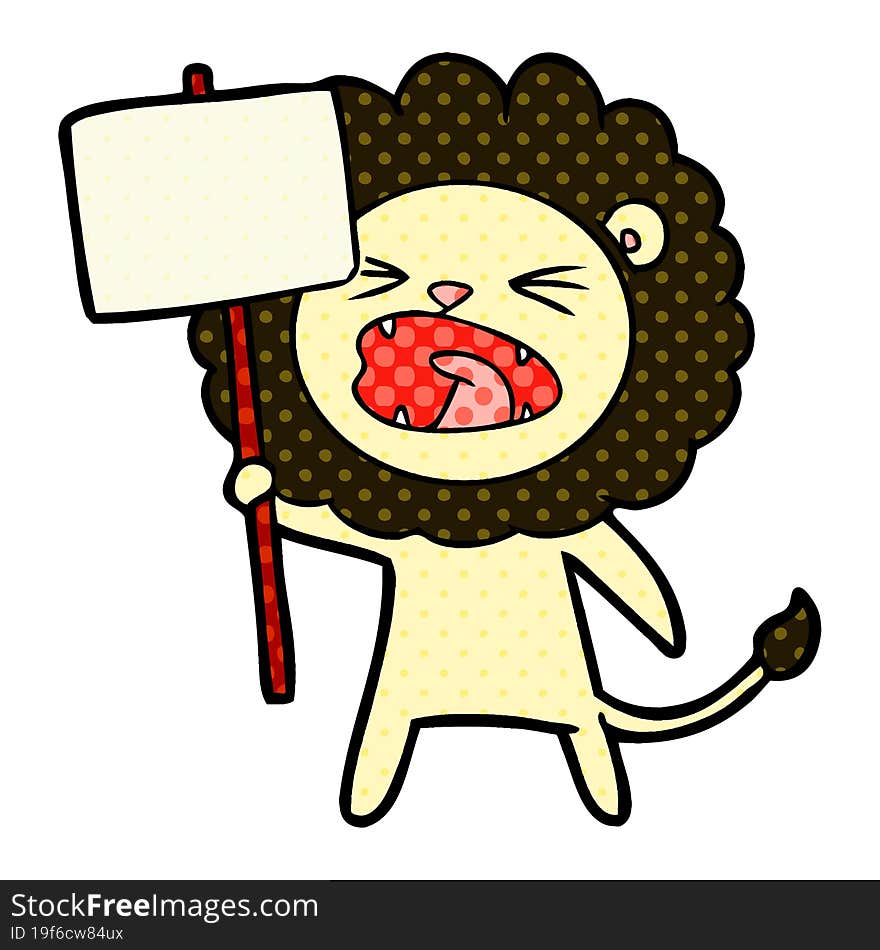 cartoon lion with protest sign. cartoon lion with protest sign