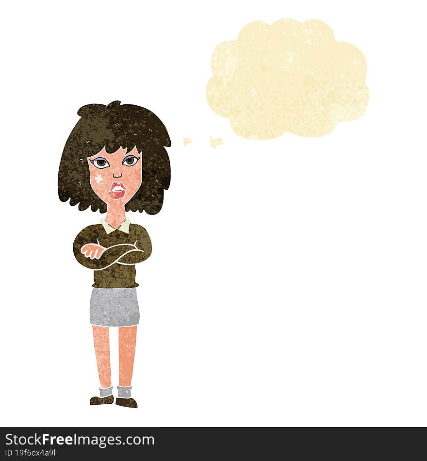 cartoon tough woman with folded arms with thought bubble