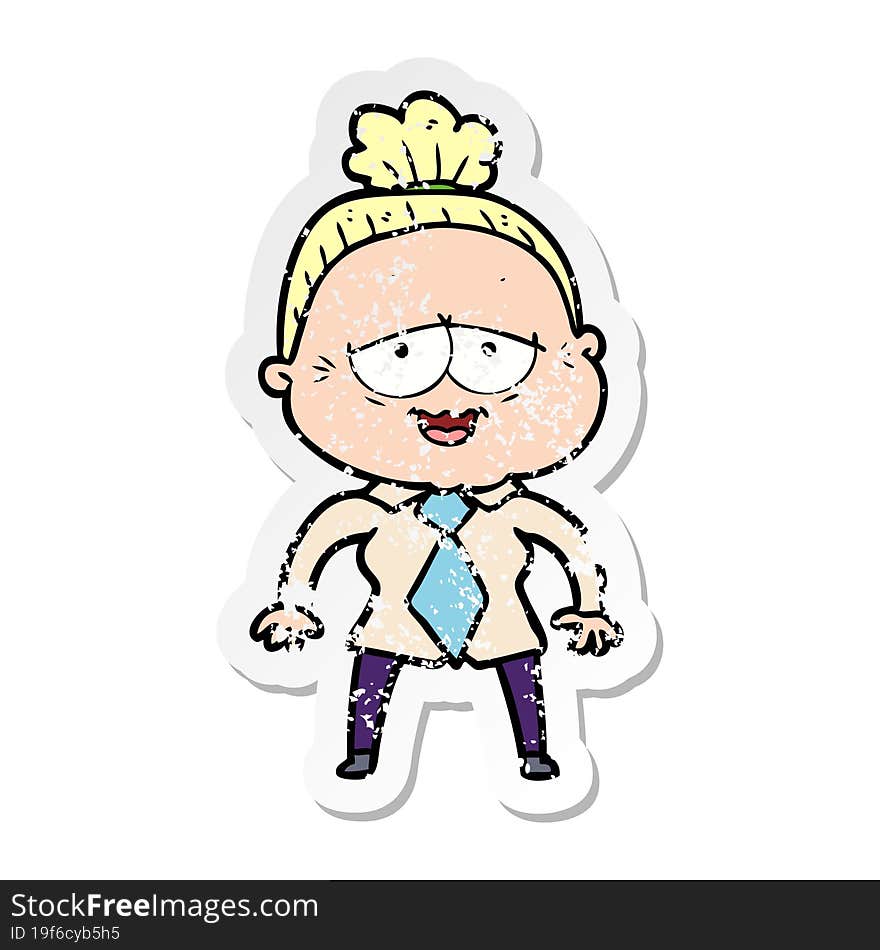 distressed sticker of a cartoon happy old lady