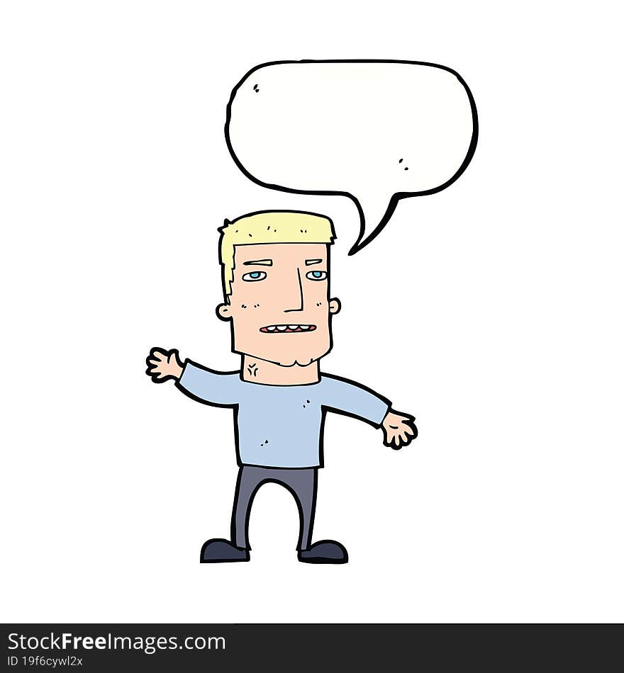 cartoon waving stressed man with speech bubble