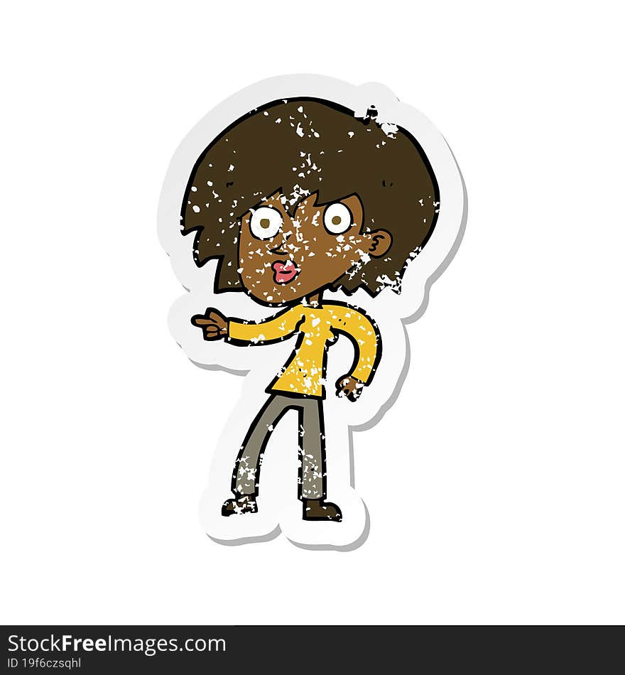 retro distressed sticker of a cartoon surprised woman pointing