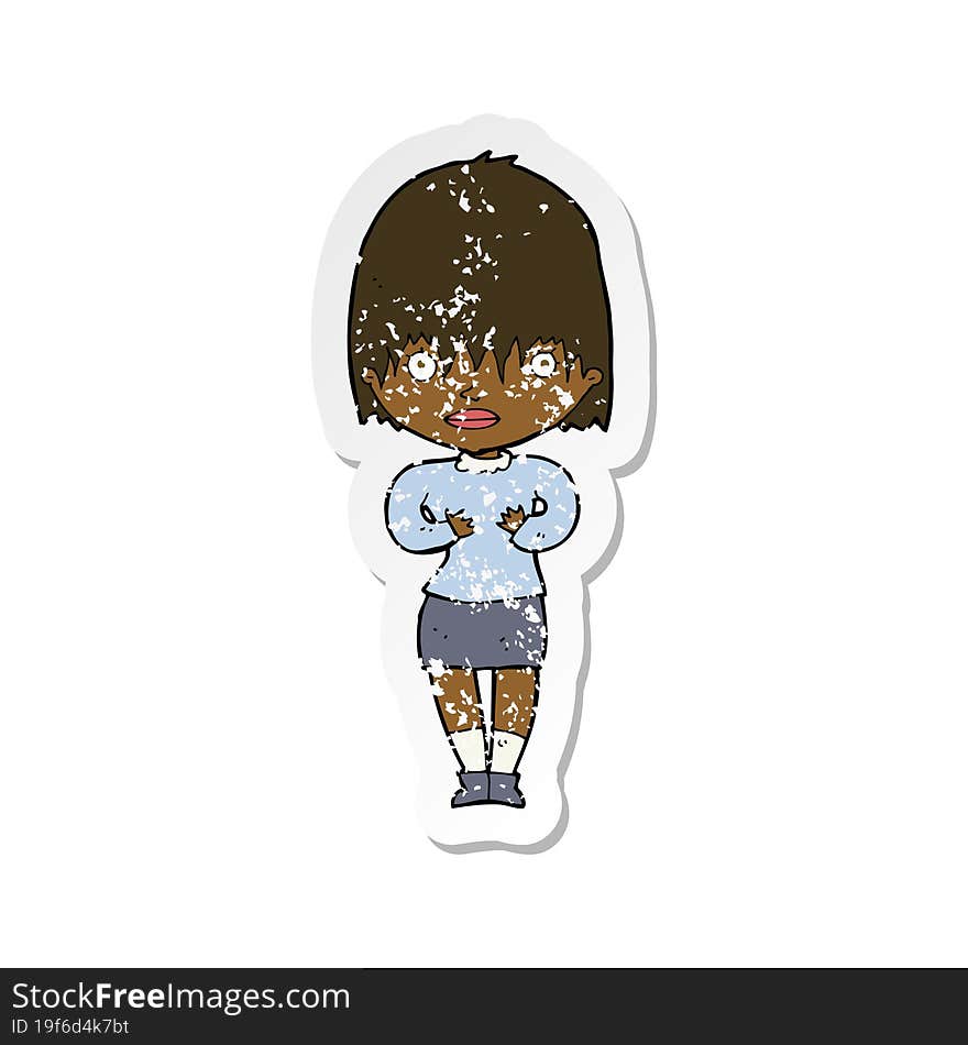 retro distressed sticker of a cartoon woman making Who Me gesture