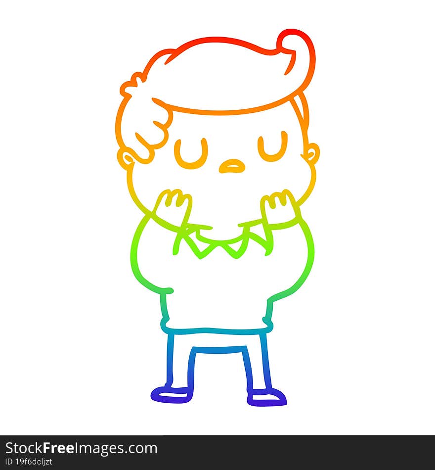 rainbow gradient line drawing of a cartoon aloof man considering