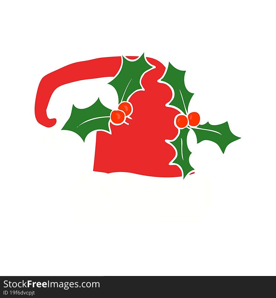 flat color illustration of a cartoon christmas holly hat