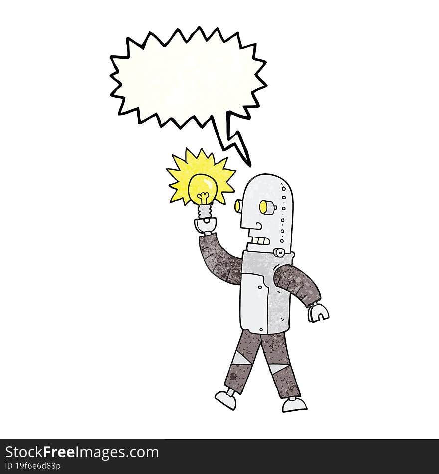 speech bubble textured cartoon robot with light bulb