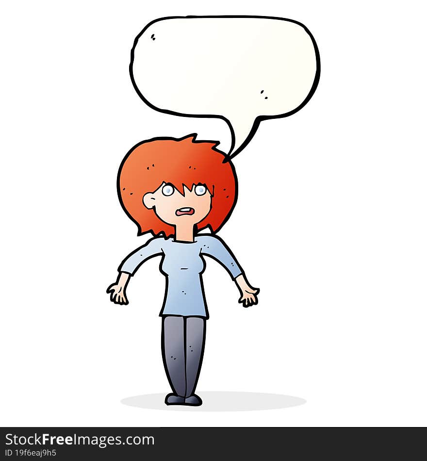 cartoon woman shrugging shoulders with speech bubble