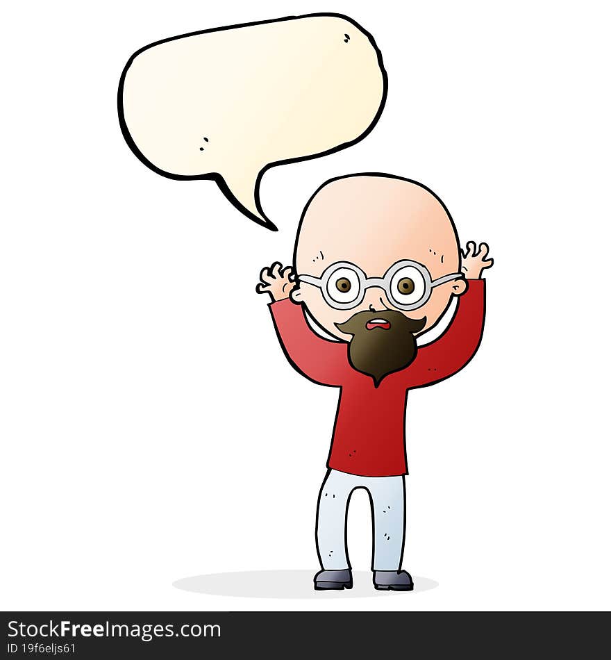 cartoon stressed bald man with speech bubble