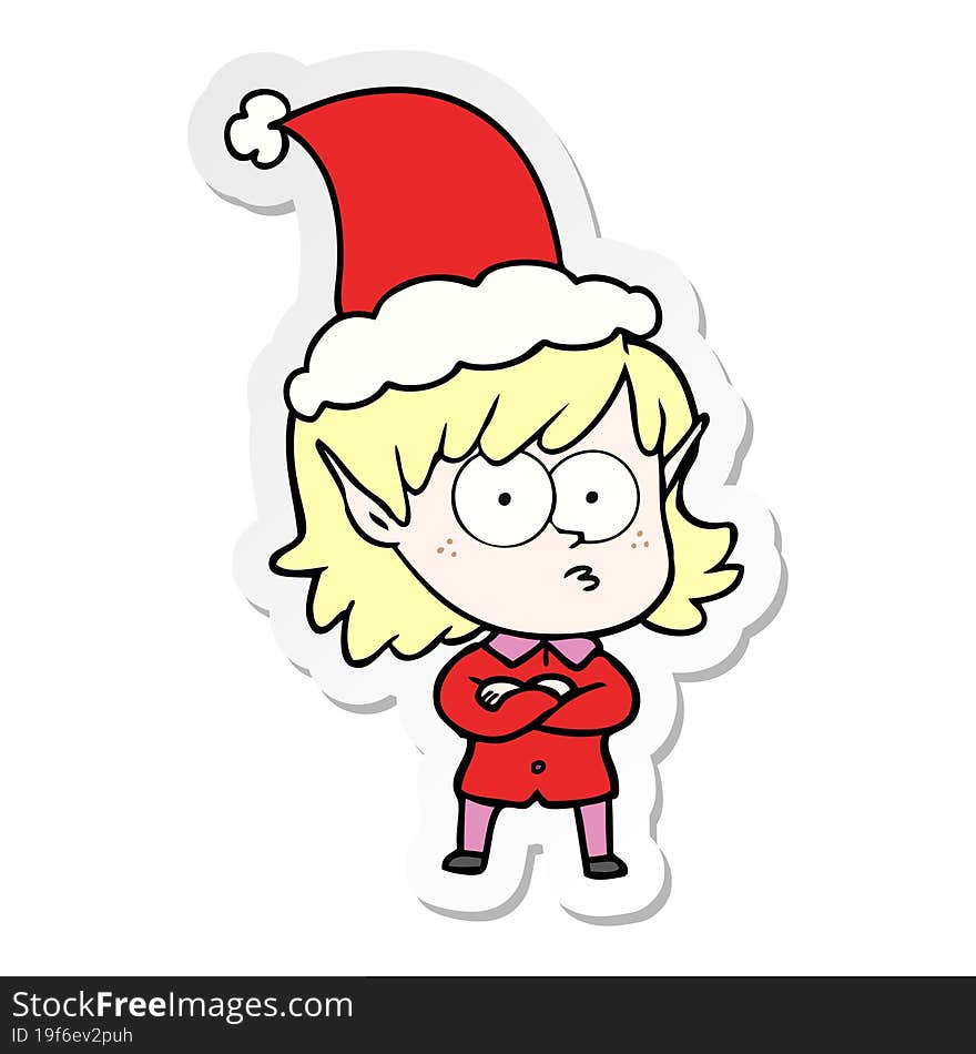 Sticker Cartoon Of A Elf Girl Staring Wearing Santa Hat