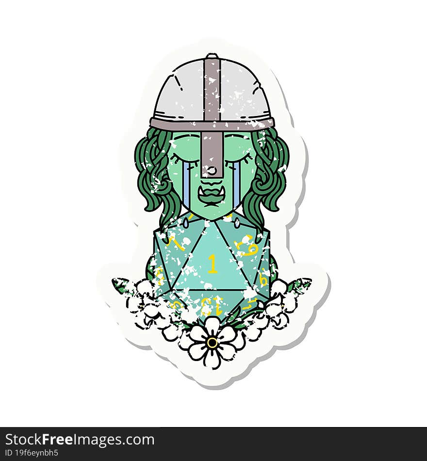 crying orc fighter character with natural one D20 roll grunge sticker