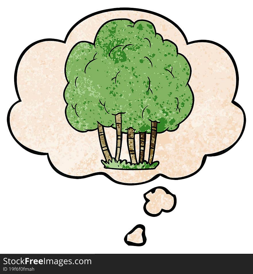 Cartoon Tree And Thought Bubble In Grunge Texture Pattern Style