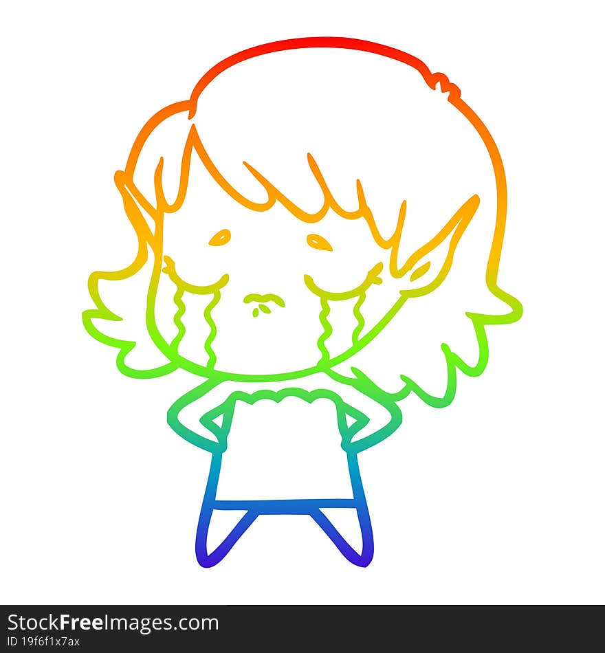 rainbow gradient line drawing crying cartoon elf girl