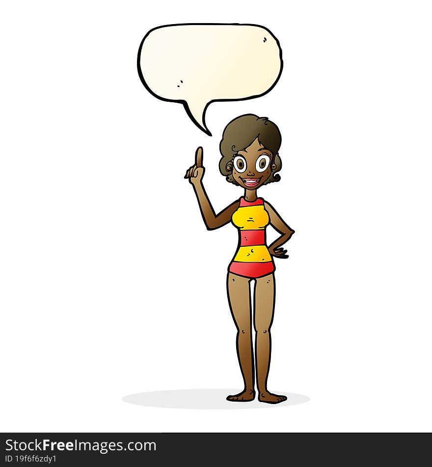 cartoon woman in striped swimsuit with speech bubble