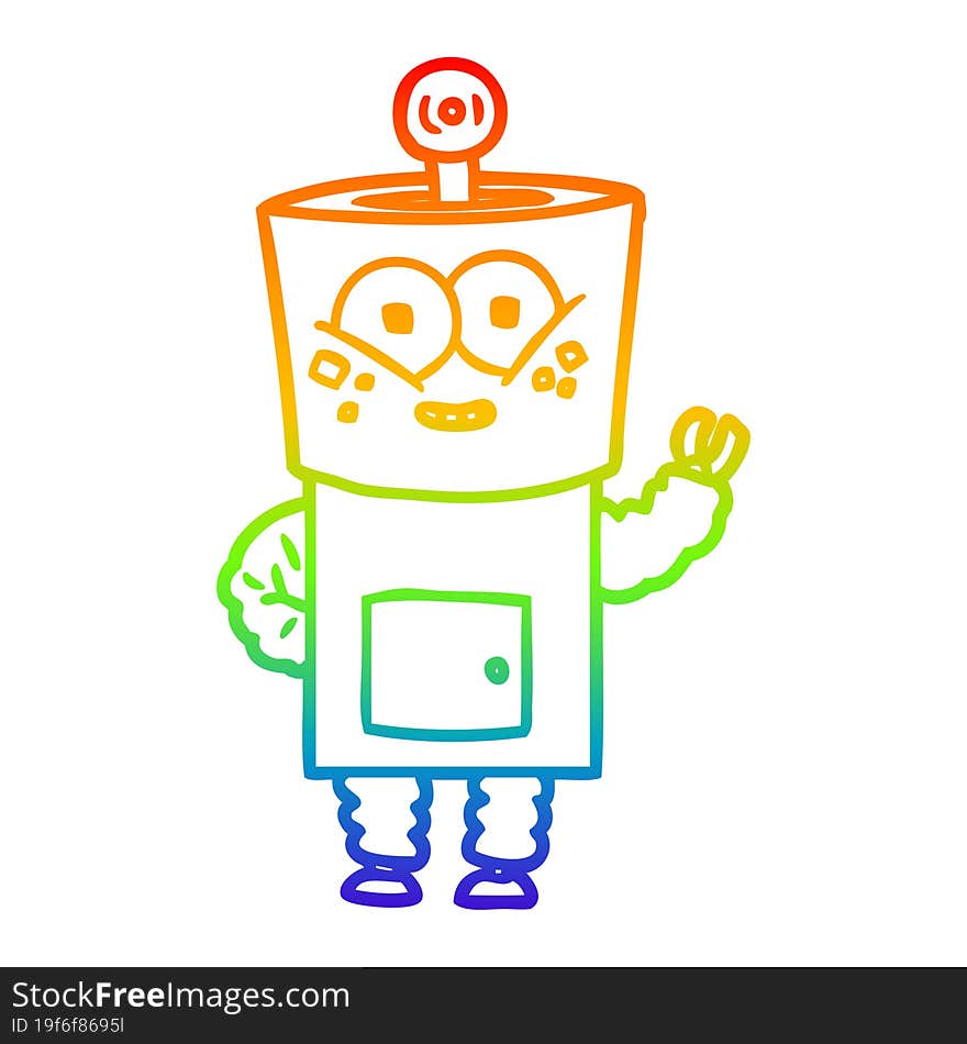 rainbow gradient line drawing of a happy cartoon robot waving hello