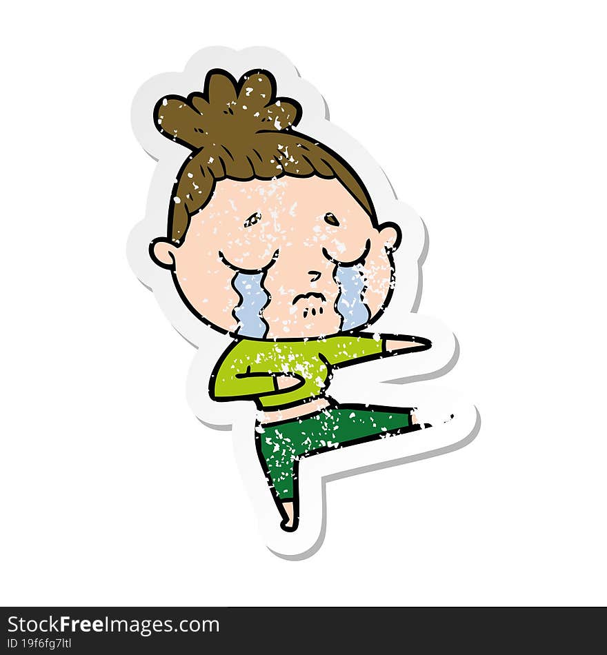 distressed sticker of a cartoon crying woman dancing