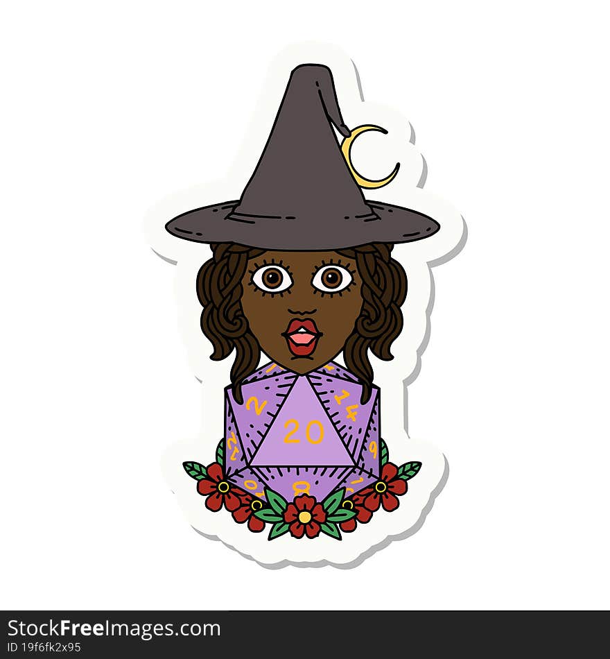 sticker of a human witch with natural twenty dice roll. sticker of a human witch with natural twenty dice roll