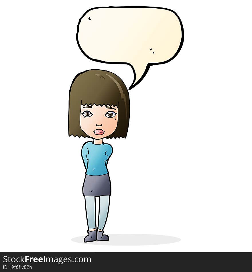 cartoon serious girl with speech bubble